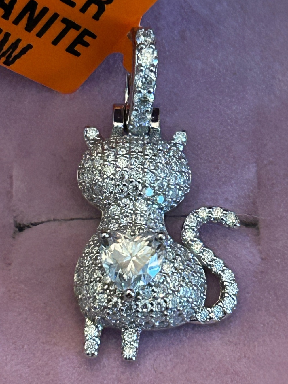 1.00CTW Moissanite Pave 3-D Cat Pendant Necklace w/Heart Center 925 SSilver NWT